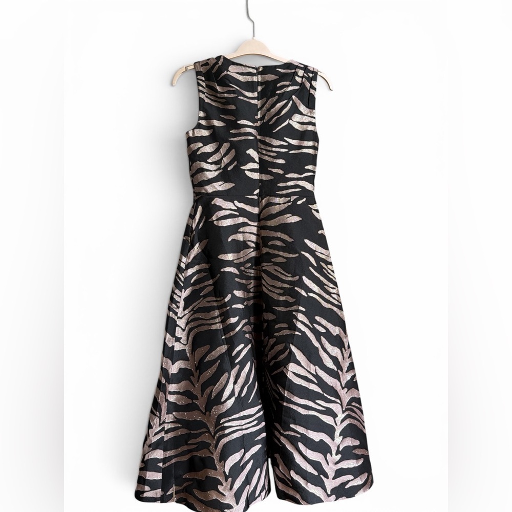 Kay Unger Black & Beige Zebra-Print V-Neck Midi Dress Cocktail Evening Gala Prom - Picture 7 of 9